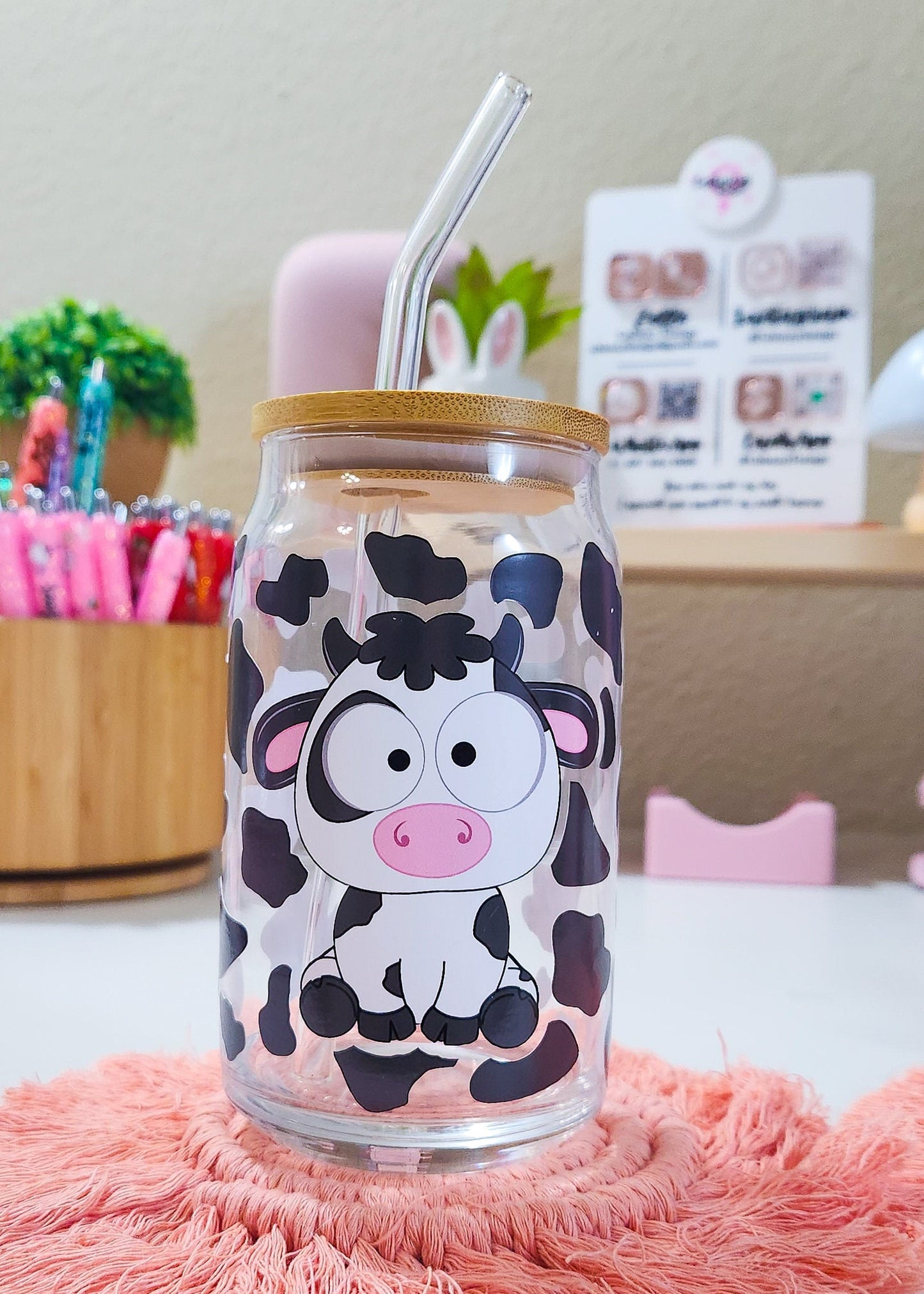 Cute Cow Beer Can Iced Coffee Glass Cup With Lid And Straw | Glass Tumbler With Straw And Lid | Iced Coffee Cup | Libbey glass | Glass Can