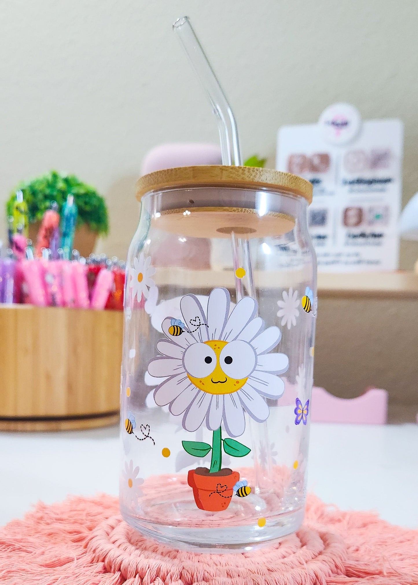 Cute Daisy Beer Can Iced Coffee Glass Cup With Lid And Straw | Glass Tumbler With Straw And Lid | Iced Coffee Cup | Libbey glass | Glass Can