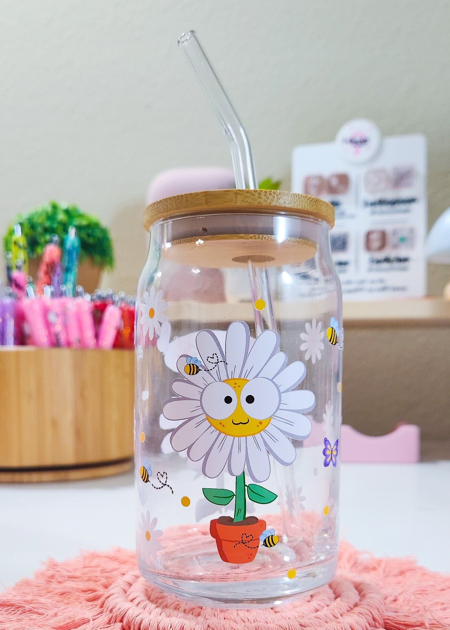 Cute Daisy Beer Can Iced Coffee Glass Cup With Lid And Straw | Glass Tumbler With Straw And Lid | Iced Coffee Cup | Libbey glass | Glass Can