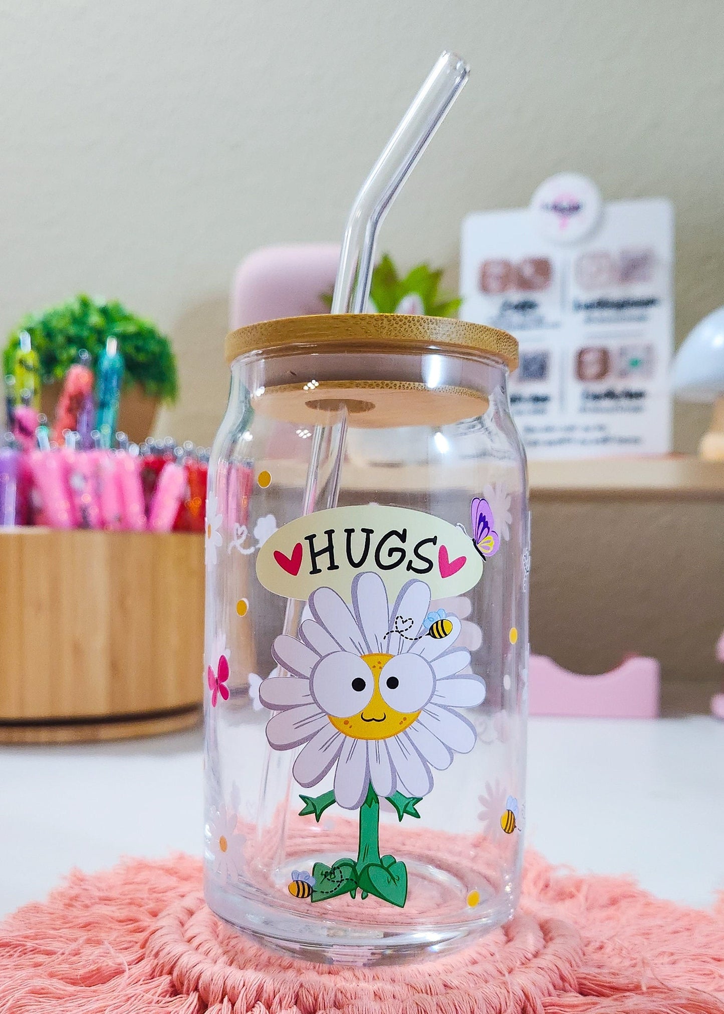 Cute Daisy Beer Can Iced Coffee Glass Cup With Lid And Straw | Glass Tumbler With Straw And Lid | Iced Coffee Cup | Libbey glass | Glass Can