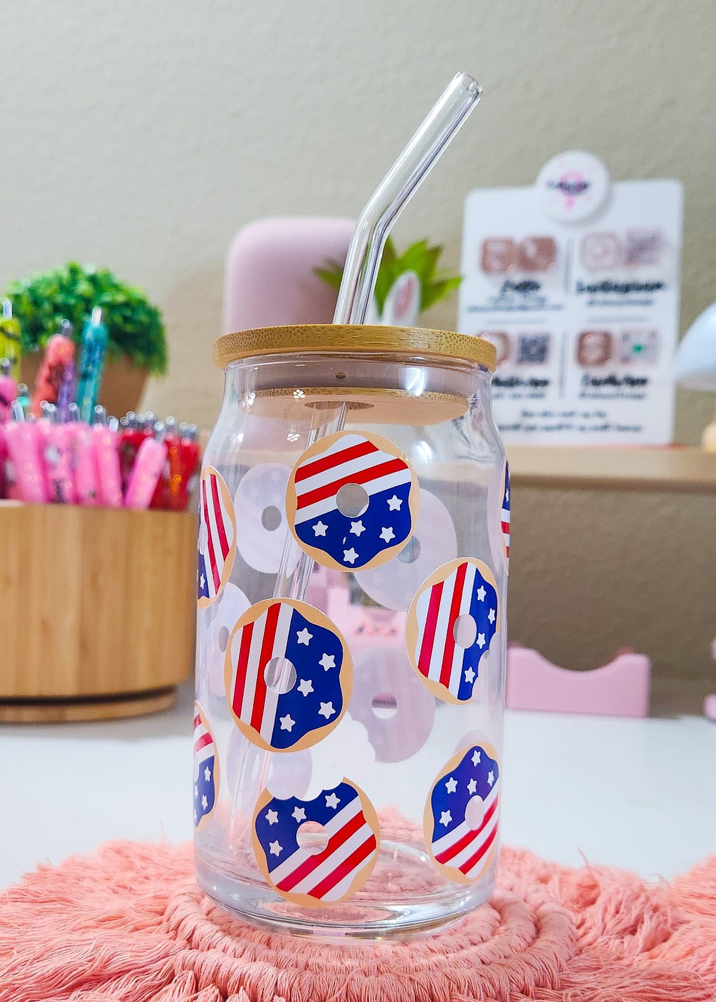 Cute USA Donuts Beer Can Iced Coffee Glass Cup With Lid And Straw | Glass Tumbler With Straw And Lid | Iced Coffee Cup | Libbey glass