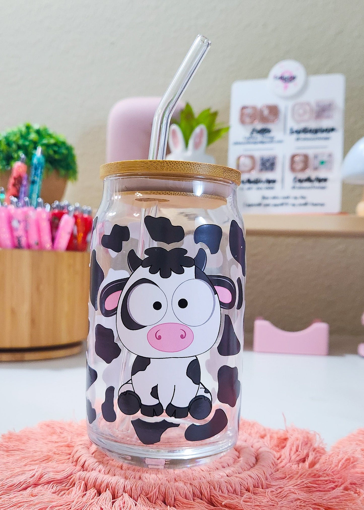 Cute Cow Beer Can Iced Coffee Glass Cup With Lid And Straw | Glass Tumbler With Straw And Lid | Iced Coffee Cup | Libbey glass | Glass Can