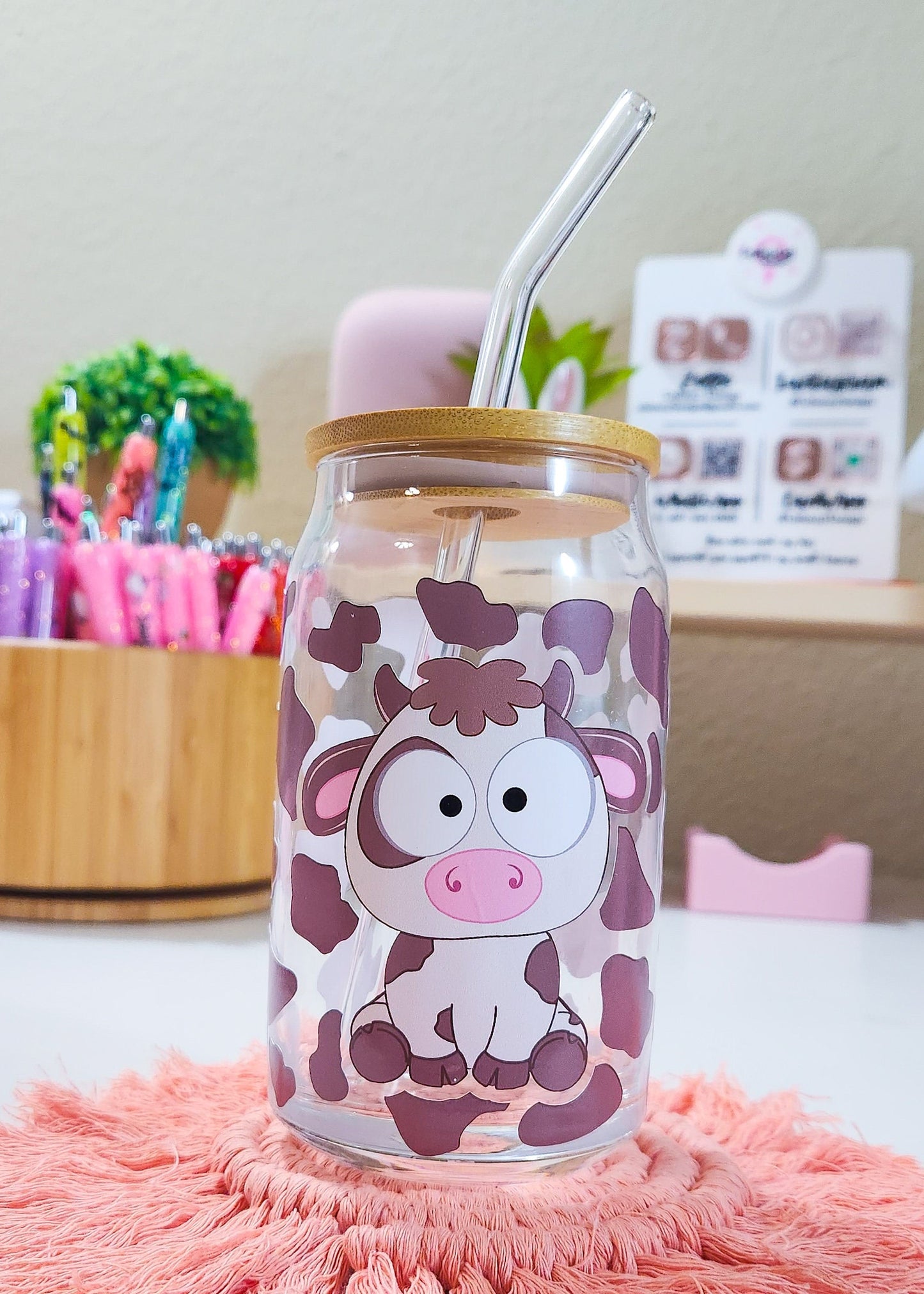 Cute Cow Beer Can Iced Coffee Glass Cup With Lid And Straw | Glass Tumbler With Straw And Lid | Iced Coffee Cup | Libbey glass | Glass Can