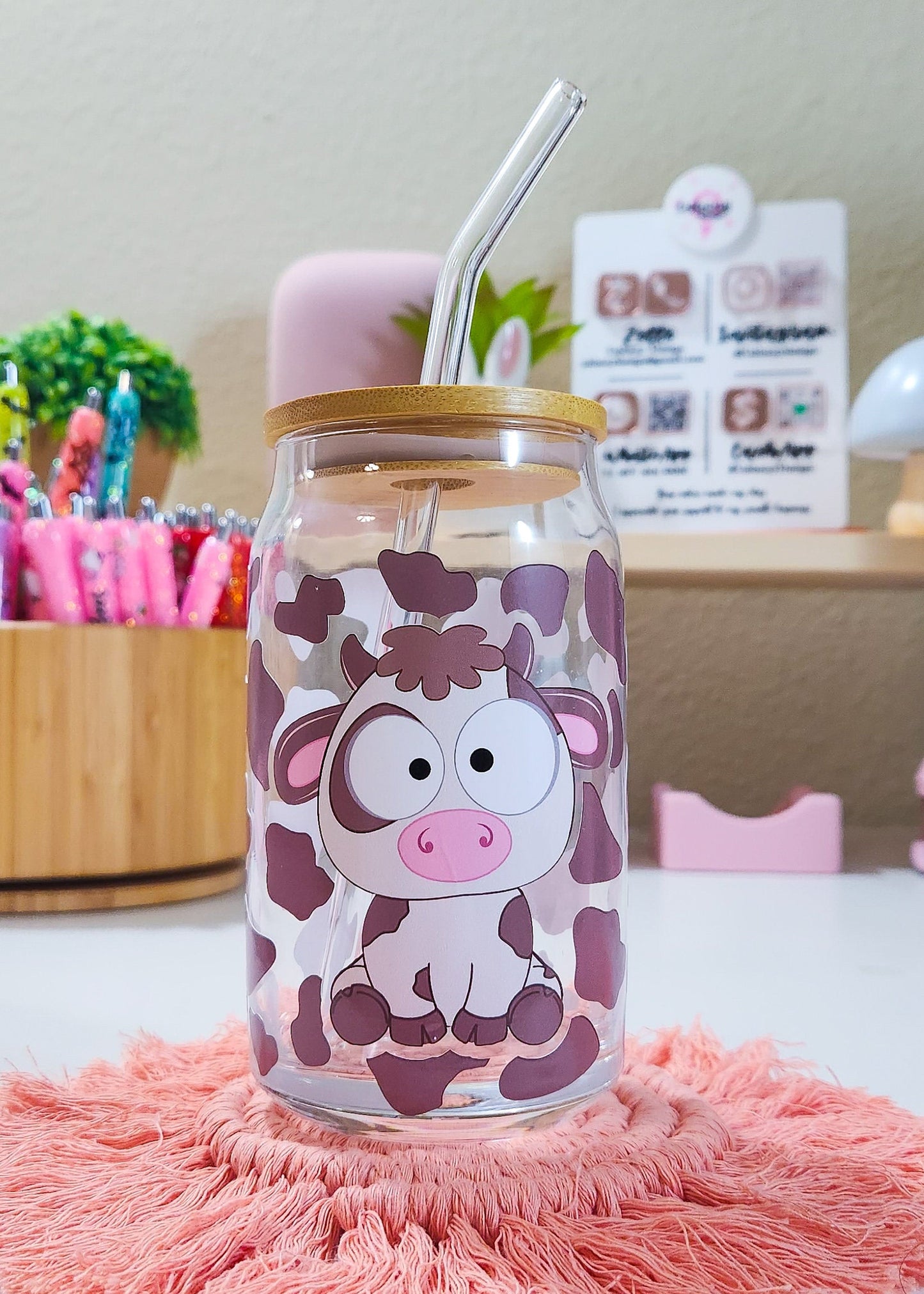 Cute Cow Beer Can Iced Coffee Glass Cup With Lid And Straw | Glass Tumbler With Straw And Lid | Iced Coffee Cup | Libbey glass | Glass Can