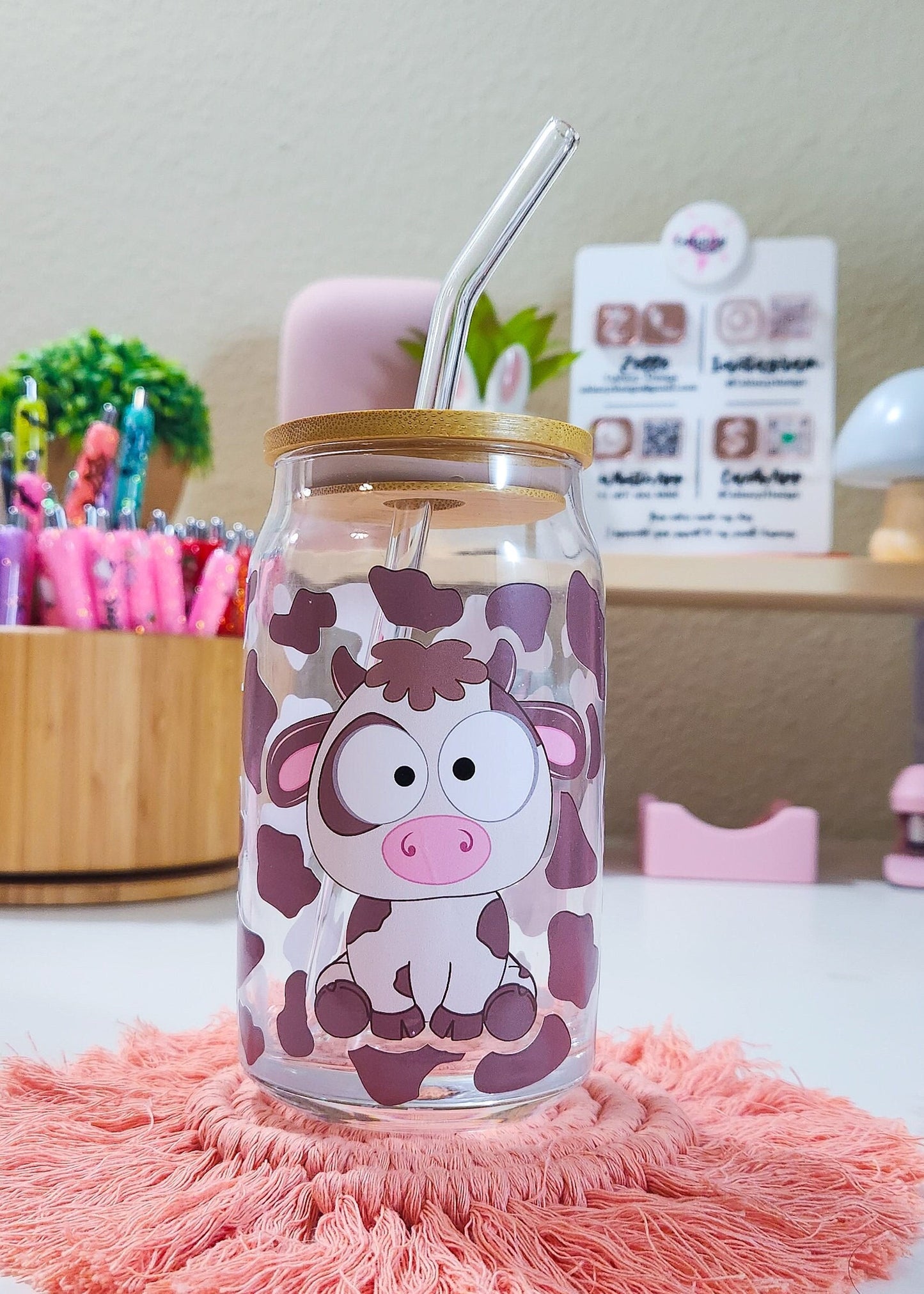 Cute Cow Beer Can Iced Coffee Glass Cup With Lid And Straw | Glass Tumbler With Straw And Lid | Iced Coffee Cup | Libbey glass | Glass Can