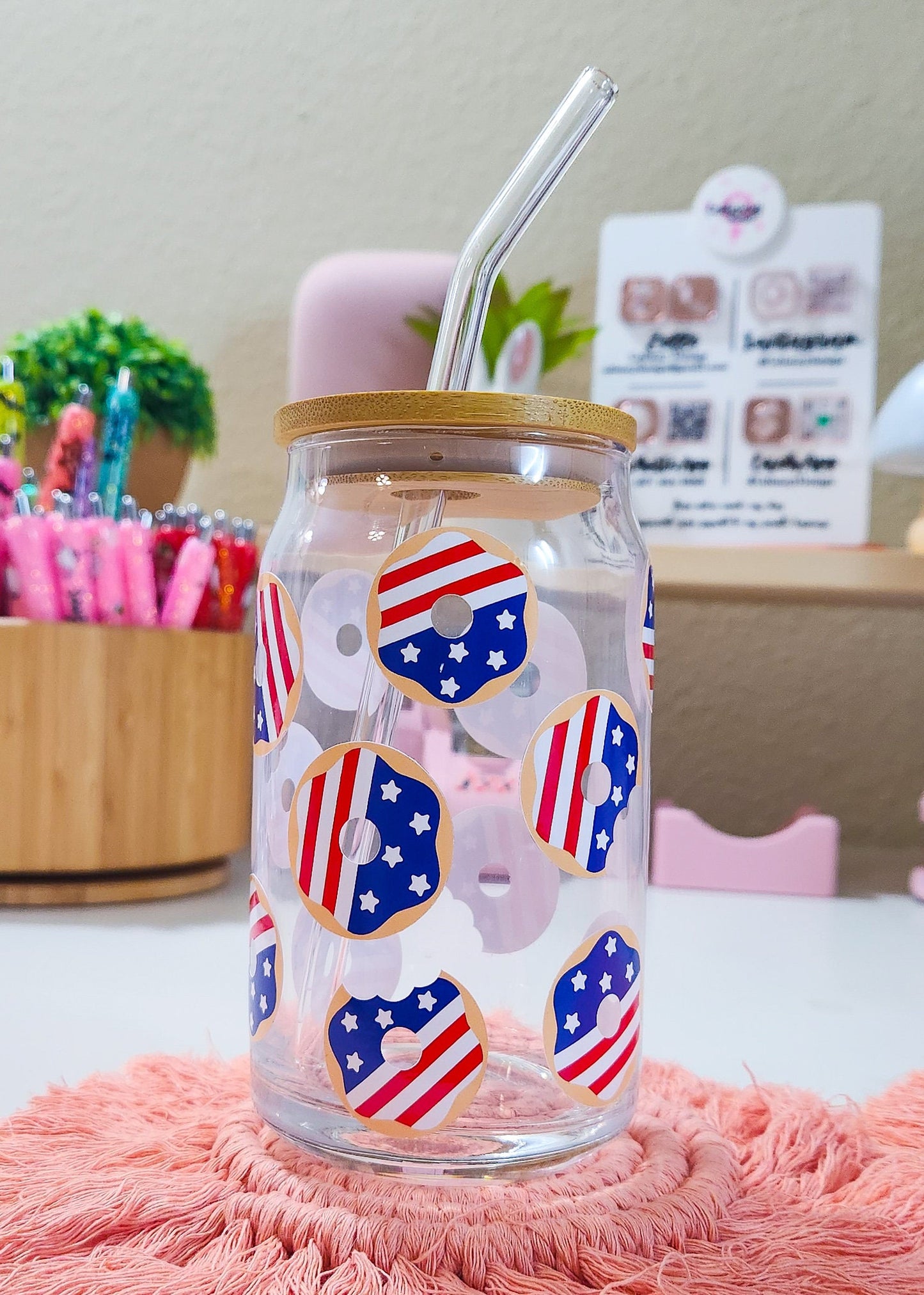 Cute USA Donuts Beer Can Iced Coffee Glass Cup With Lid And Straw | Glass Tumbler With Straw And Lid | Iced Coffee Cup | Libbey glass